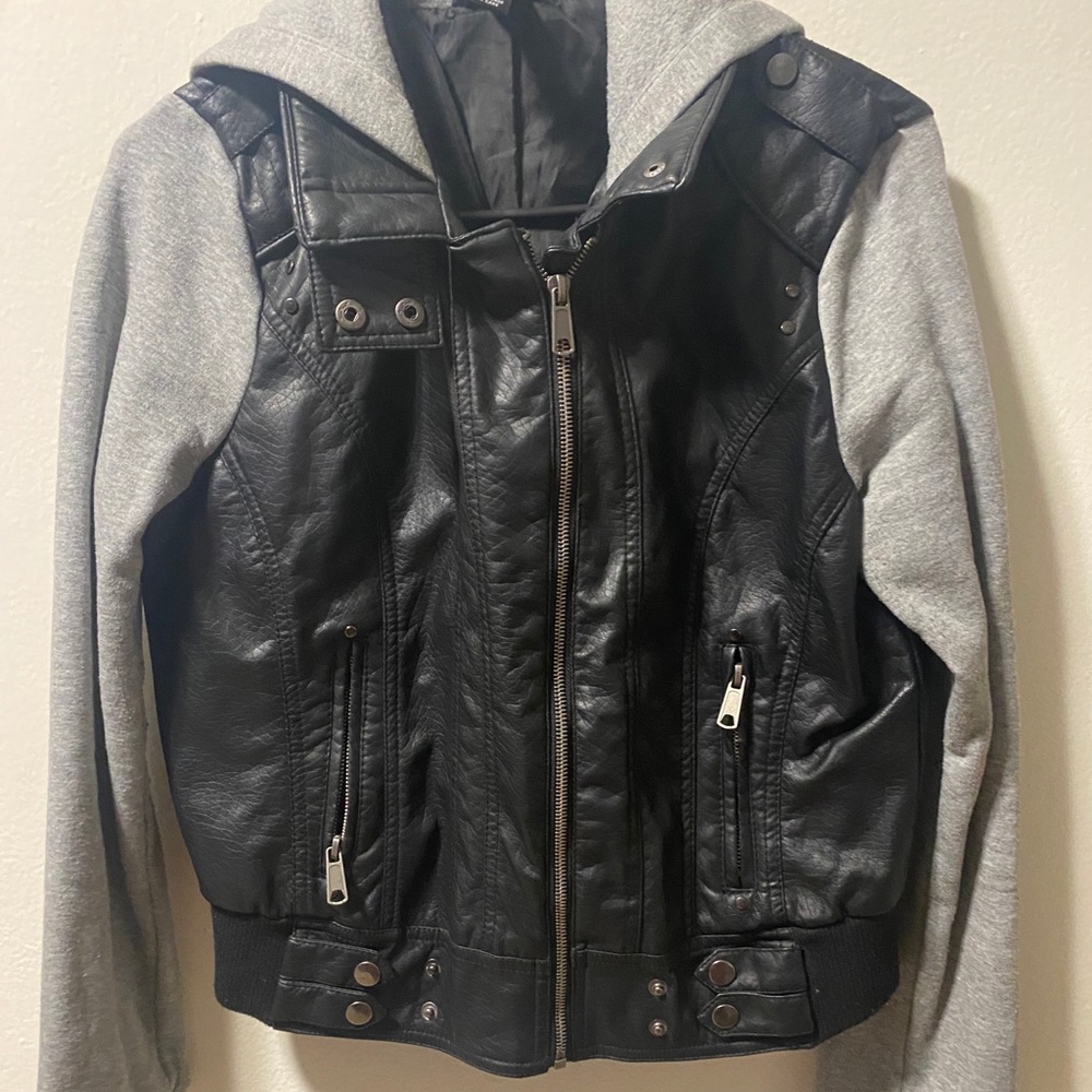 Leather Jacket with Hoodie sleeves